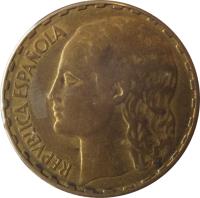 obverse of 1 Peseta (1937) coin with KM# 755 from Spain. Inscription: REPVBLICA ESPAÑOLA
