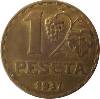 reverse of 1 Peseta (1937) coin with KM# 755 from Spain. Inscription: 1 PESETA 1937