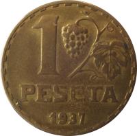 Spain coin 1 Peseta (1937) reverse reverse of 1 Peseta (1937) coin with KM# 755 from Spain. Inscription: 1 PESETA 1937