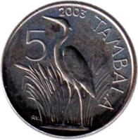 reverse of 5 Tambala (1995 - 2003) coin with KM# 32 from Malawi. Inscription: 1995 5 TAMBALA