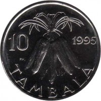 reverse of 10 Tambala (1995 - 2003) coin with KM# 27 from Malawi. Inscription: 10 1995 TAMBALA