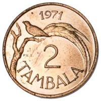 Malawi coin 2 Tambala (1971 - 1982) reverse reverse of 2 Tambala (1971 - 1982) coin with KM# 8 from Malawi. Inscription: 1971 2 TAMBALA