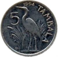 reverse of 5 Tambala (1989 - 1994) coin with KM# 9.2a from Malawi. Inscription: 5 TAMBALA 1994