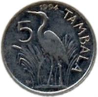 Malawi coin 5 Tambala (1989 - 1994) reverse reverse of 5 Tambala (1989 - 1994) coin with KM# 9.2a from Malawi. Inscription: 5 TAMBALA 1994