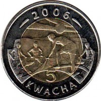 Malawi coin 5 Kwacha (2006) reverse reverse of 5 Kwacha (2006) coin with KM# 57 from Malawi. Inscription: 2006 5 KWACHA
