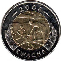 reverse of 5 Kwacha (2006) coin with KM# 57 from Malawi. Inscription: 2006 5 KWACHA