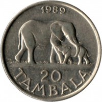 reverse of 20 Tambala (1989 - 1994) coin with KM# 11.2a from Malawi. Inscription: 1989 20 TAMBALA