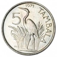 reverse of 5 Tambala (1971 - 1985) coin with KM# 9 from Malawi. Inscription: 5 1971 TAMBALA