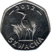 Malawi coin 5 Kwacha (2012) reverse reverse of 5 Kwacha (2012) coin with KM# 213 from Malawi. Inscription: 2012 5 KWACHA