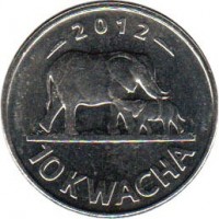 reverse of 10 Kwacha (2012) coin with KM# 214 from Malawi. Inscription: 2012 10 KWACHA