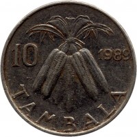 reverse of 10 Tambala (1989) coin with KM# 10.2a from Malawi. Inscription: 10 1989 TAMBALA