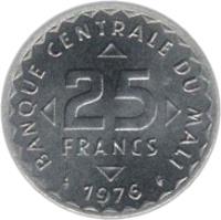 Mali coin 25 Francs (1976) reverse reverse of 25 Francs (1976) coin with KM# 12 from Mali. Inscription: BANQUE CENTRALE DU MALI 25 FRANCS 1976