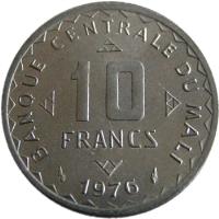 reverse of 10 Francs (1976) coin with KM# 11 from Mali. Inscription: BANQUE CENTRALE DU MALI 10 FRANCS 1976