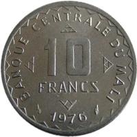 Mali coin 10 Francs (1976) reverse reverse of 10 Francs (1976) coin with KM# 11 from Mali. Inscription: BANQUE CENTRALE DU MALI 10 FRANCS 1976