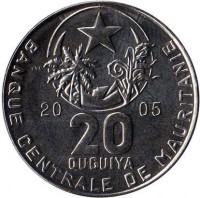 Mauritania coin 20 Ouguiya (2004 - 2005) obverse obverse of 20 Ouguiya (2004 - 2005) coin with KM# 5a from Mauritania. Inscription: 20 05 20 OUGUIYA BANQUE CENTRALE DE MAURITANIE