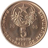 obverse of 5 Ouguiya (2004 - 2005) coin with KM# 3a from Mauritania.