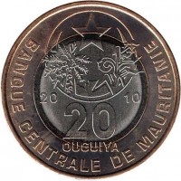 Mauritania coin 20 Ouguiya (2009 - 2014) obverse obverse of 20 Ouguiya (2009 - 2014) coin with KM# 8 from Mauritania. Inscription: 20 10 20 OUGUIYA BANQUE CENTRALE DE MAURITANIE