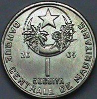 obverse of 1 Ouguiya - Magnetic (2009) coin with KM# 10 from Mauritania. Inscription: 20 09 1 OUGUIYA BANQUE CENTRALE DE MAURITANIE