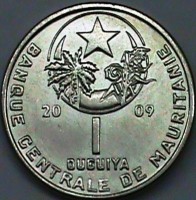 Mauritania coin 1 Ouguiya - Magnetic (2009) obverse obverse of 1 Ouguiya - Magnetic (2009) coin with KM# 10 from Mauritania. Inscription: 20 09 1 OUGUIYA BANQUE CENTRALE DE MAURITANIE