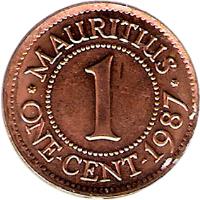 Mauritius coin 1 Cent (1987) reverse reverse of 1 Cent (1987) coin with KM# 51 from Mauritius. Inscription: * MAURITIUS * 1 ONE · CENT · 1987
