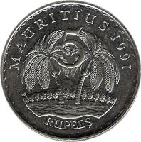 Mauritius coin 5 Rupees (1987 - 2012) reverse reverse of 5 Rupees (1987 - 2012) coin with KM# 56 from Mauritius. Inscription: MAURITIUS 1991 5 RUPEES