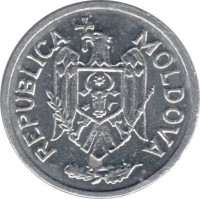 obverse of 5 Bani (1993 - 2015) coin with KM# 2 from Moldova. Inscription: REPUBLICA MOLDOVA