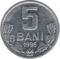 Moldova coin 5 Bani (1993 - 2015) reverse reverse of 5 Bani (1993 - 2015) coin with KM# 2 from Moldova. Inscription: 5 BANI 1996