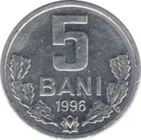 reverse of 5 Bani (1993 - 2015) coin with KM# 2 from Moldova. Inscription: 5 BANI 1996