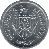 obverse of 25 Bani (1993 - 2013) coin with KM# 3 from Moldova. Inscription: REPUBLICA MOLDOVA