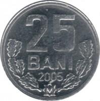 reverse of 25 Bani (1993 - 2013) coin with KM# 3 from Moldova. Inscription: 25 BANI 2005