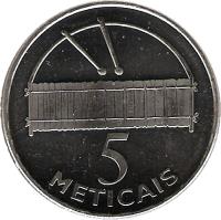 Mozambique coin 5 Meticais (2006) reverse reverse of 5 Meticais (2006) coin with KM# 139 from Mozambique. Inscription: 5 METICAIS