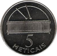 reverse of 5 Meticais (2006) coin with KM# 139 from Mozambique. Inscription: 5 METICAIS