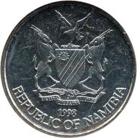 Namibia coin 10 Cents (1993 - 2012) obverse obverse of 10 Cents (1993 - 2012) coin with KM# 2 from Namibia. Inscription: UNITY LIBERTY JUSTICE 1993 REPUBLIC OF NAMIBIA