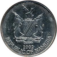 obverse of 5 Cents (1993 - 2012) coin with KM# 1 from Namibia. Inscription: UNITY LIBERTY JUSTICE 1993 REPUBLIC OF NAMIBIA