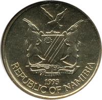 obverse of 5 Dollars (1993 - 2012) coin with KM# 5 from Namibia. Inscription: UNITY LIBERTY JUSTICE 1993 REPUBLIC OF NAMIBIA