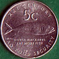 Namibia coin 5 Cents - F.A.O. & Millennium (1999 - 2000) reverse reverse of 5 Cents - F.A.O. & Millennium (1999 - 2000) coin with KM# 16 from Namibia. Inscription: XXI CENTURY 5c HORSE MACKEREL EAT MORE FISH FAO FOOD SECURITY