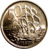 New Zealand coin 50 Cents - Elizabeth II - 4'th Portrait (2006 - 2014) reverse reverse of 50 Cents - Elizabeth II - 4'th Portrait (2006 - 2014) coin with KM# 119a from New Zealand. Inscription: 50 ENDEAVOUR JB