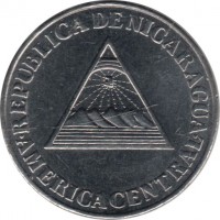 obverse of 25 Centavos (1994) coin with KM# 82 from Nicaragua. Inscription: REPUBLICA DE NICARAGUA AMERICA CENTRAL