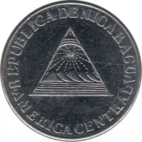obverse of 10 Centavos (1994) coin with KM# 81 from Nicaragua. Inscription: REPUBLICA DE NICARAGUA AMERICA CENTRAL