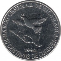Nicaragua coin 10 Centavos (1994) reverse reverse of 10 Centavos (1994) coin with KM# 81 from Nicaragua. Inscription: BANCO CENTRAL DE NICARAGUA 1994 10 CENTAVOS DE CORDOBA