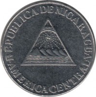 obverse of 5 Centavos (1994) coin with KM# 80 from Nicaragua. Inscription: REPUBLICA DE NICARAGUA AMERICA CENTRAL
