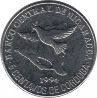 reverse of 5 Centavos (1994) coin with KM# 80 from Nicaragua. Inscription: BANCO CENTRAL DE NICARAGUA 1994 5 CENTAVOS DE CORDOBA