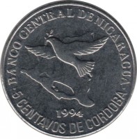 Nicaragua coin 5 Centavos (1994) reverse reverse of 5 Centavos (1994) coin with KM# 80 from Nicaragua. Inscription: BANCO CENTRAL DE NICARAGUA 1994 5 CENTAVOS DE CORDOBA