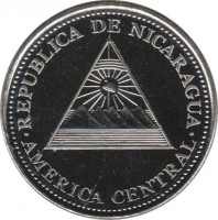 obverse of 1 Córdoba (2002 - 2012) coin with KM# 101 from Nicaragua. Inscription: REPUBLICA DE NICARAGUA AMERICA CENTRAL