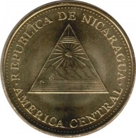 obverse of 25 Centavos (2002 - 2007) coin with KM# 99 from Nicaragua. Inscription: REPÚBLICA DE NICARAGUA AMÉRICA CENTRAL