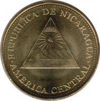 Nicaragua coin 25 Centavos (2002 - 2007) obverse obverse of 25 Centavos (2002 - 2007) coin with KM# 99 from Nicaragua. Inscription: REPÚBLICA DE NICARAGUA AMÉRICA CENTRAL