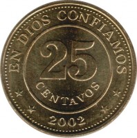 reverse of 25 Centavos (2002 - 2007) coin with KM# 99 from Nicaragua. Inscription: EN DIOS CONFIAMOS 25 CENTAVOS * * 2002 * *