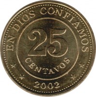 Nicaragua coin 25 Centavos (2002 - 2007) reverse reverse of 25 Centavos (2002 - 2007) coin with KM# 99 from Nicaragua. Inscription: EN DIOS CONFIAMOS 25 CENTAVOS * * 2002 * *
