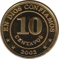 reverse of 10 Centavos (2002) coin with KM# 98 from Nicaragua. Inscription: EN DIOS CONFIAMOS 10 CENTAVOS * * 2002 * *