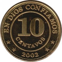 Nicaragua coin 10 Centavos (2002) reverse reverse of 10 Centavos (2002) coin with KM# 98 from Nicaragua. Inscription: EN DIOS CONFIAMOS 10 CENTAVOS * * 2002 * *